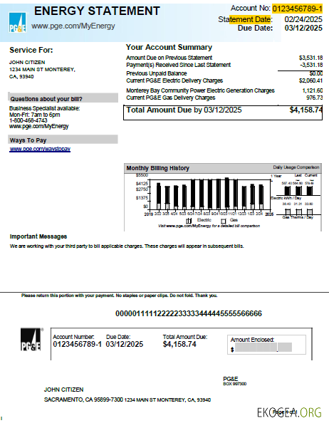USA PG&E utility bill template in Word and PDF formats, version 2